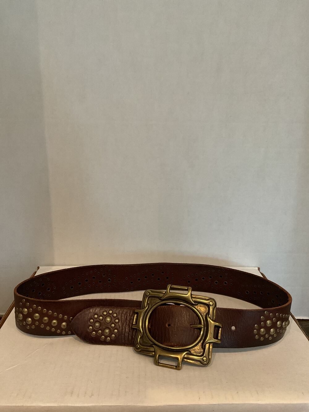 Linea Pelle -Handmade Wide Brown Leather Belt w/Brass Studs and Buckle - M